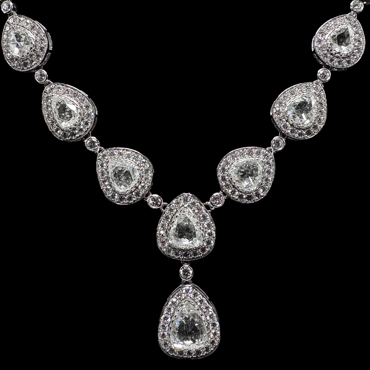 Diamond Cluster Drop Necklace, pear-shape halos, 18K white gold
