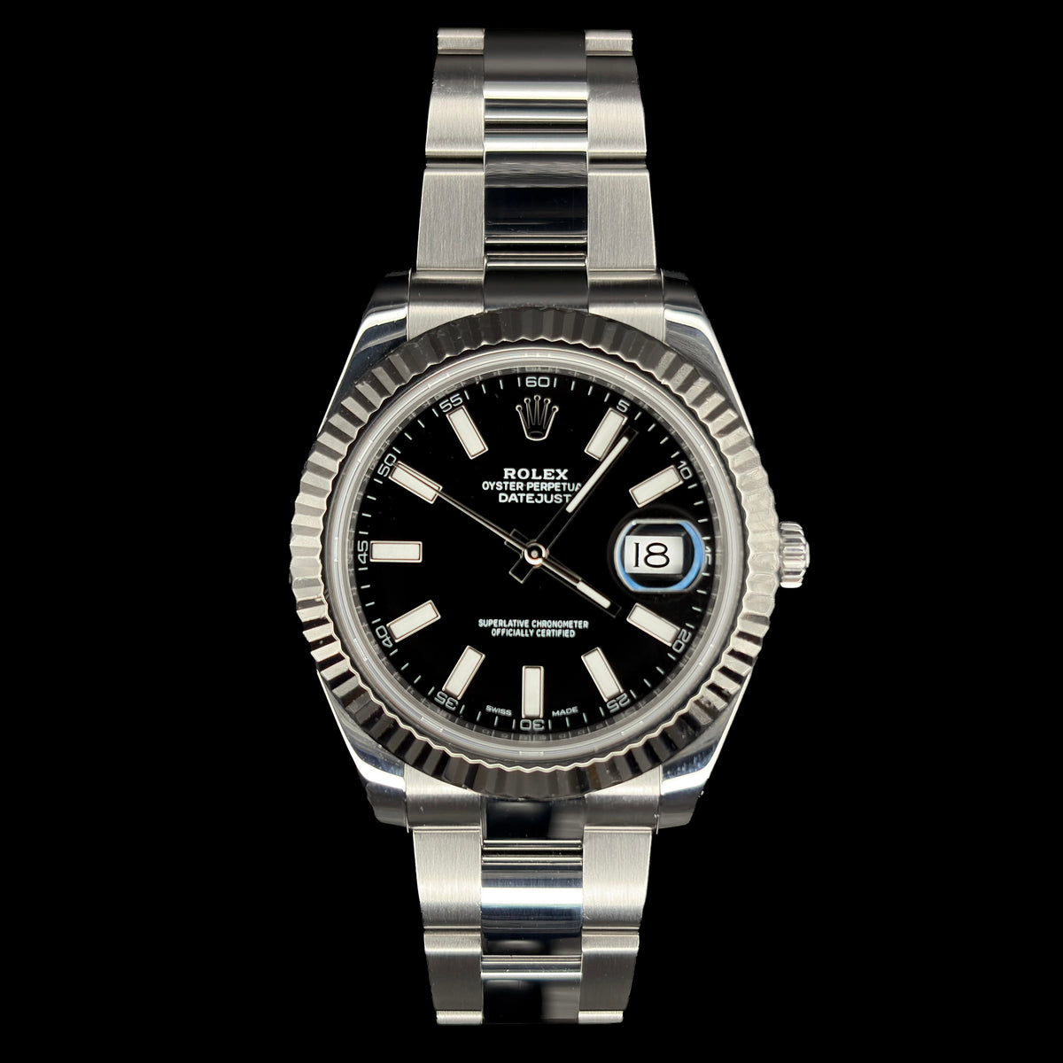 Pre-Owned Rolex Datejust 41 126334, Steel, Black Dial, Fluted White Gold Bezel