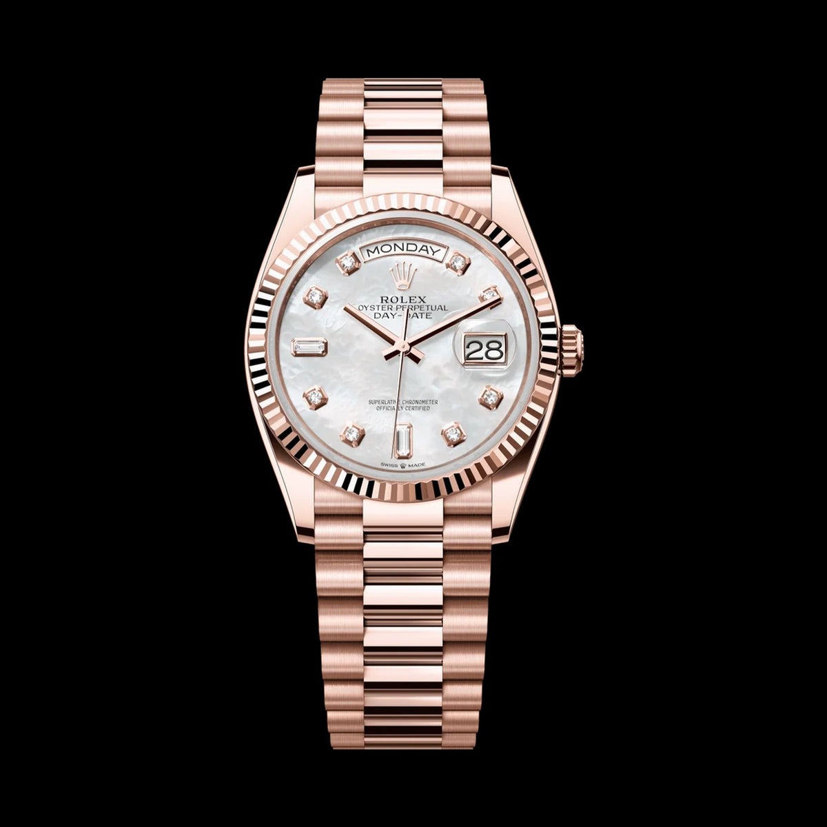 Rolex Day-Date 36 128235: 18k Everose Gold, White Mother-of-Pearl Diamond Dial, President Bracelet