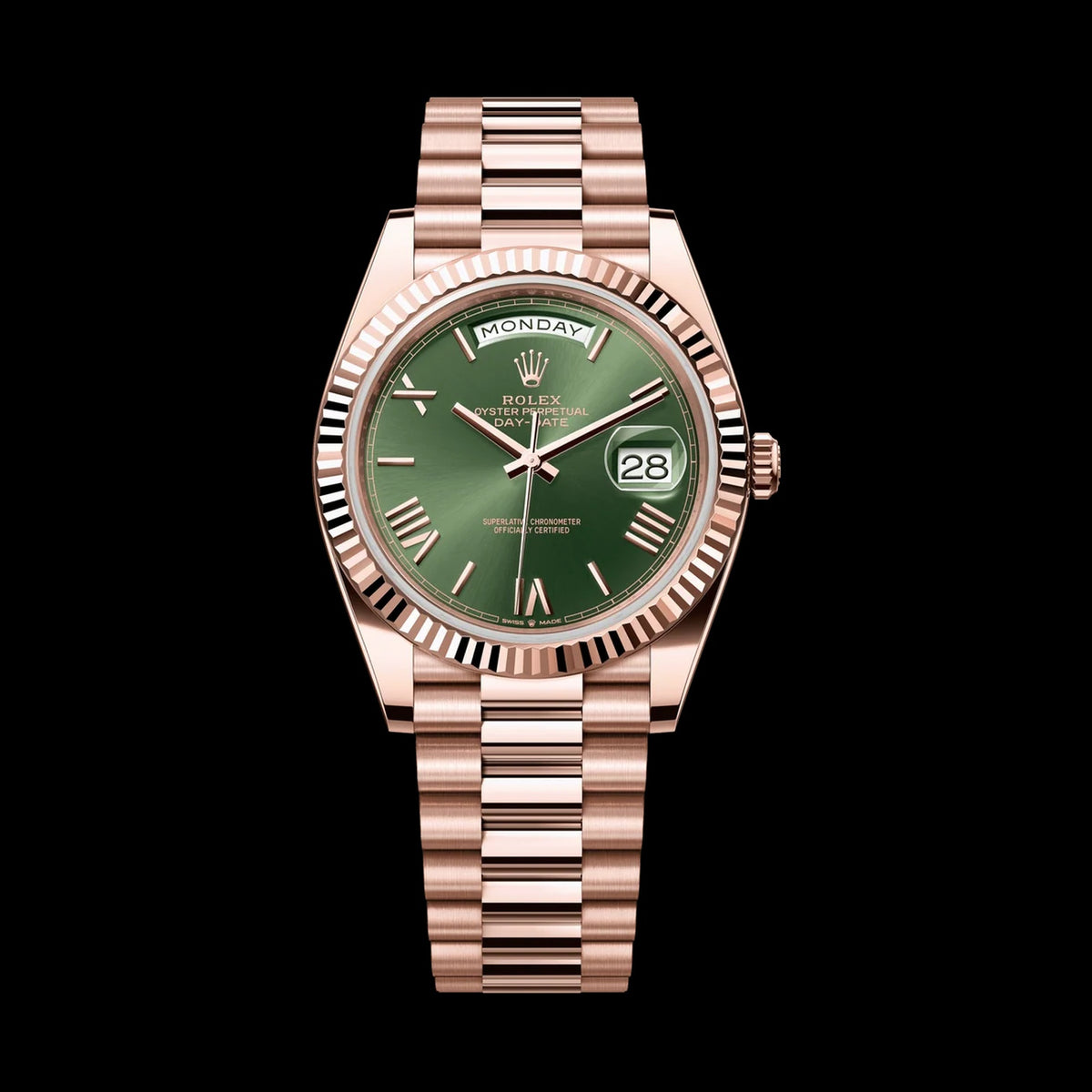 Rolex Day-Date 40 228235: 18k Everose Gold, Olive Green Dial, President Bracelet