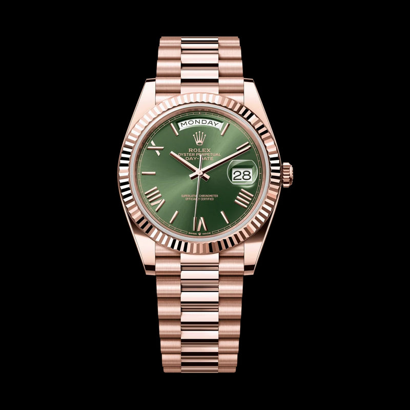 Rolex Day-Date 40 228235: 18k Everose Gold, Olive Green Dial, President Bracelet