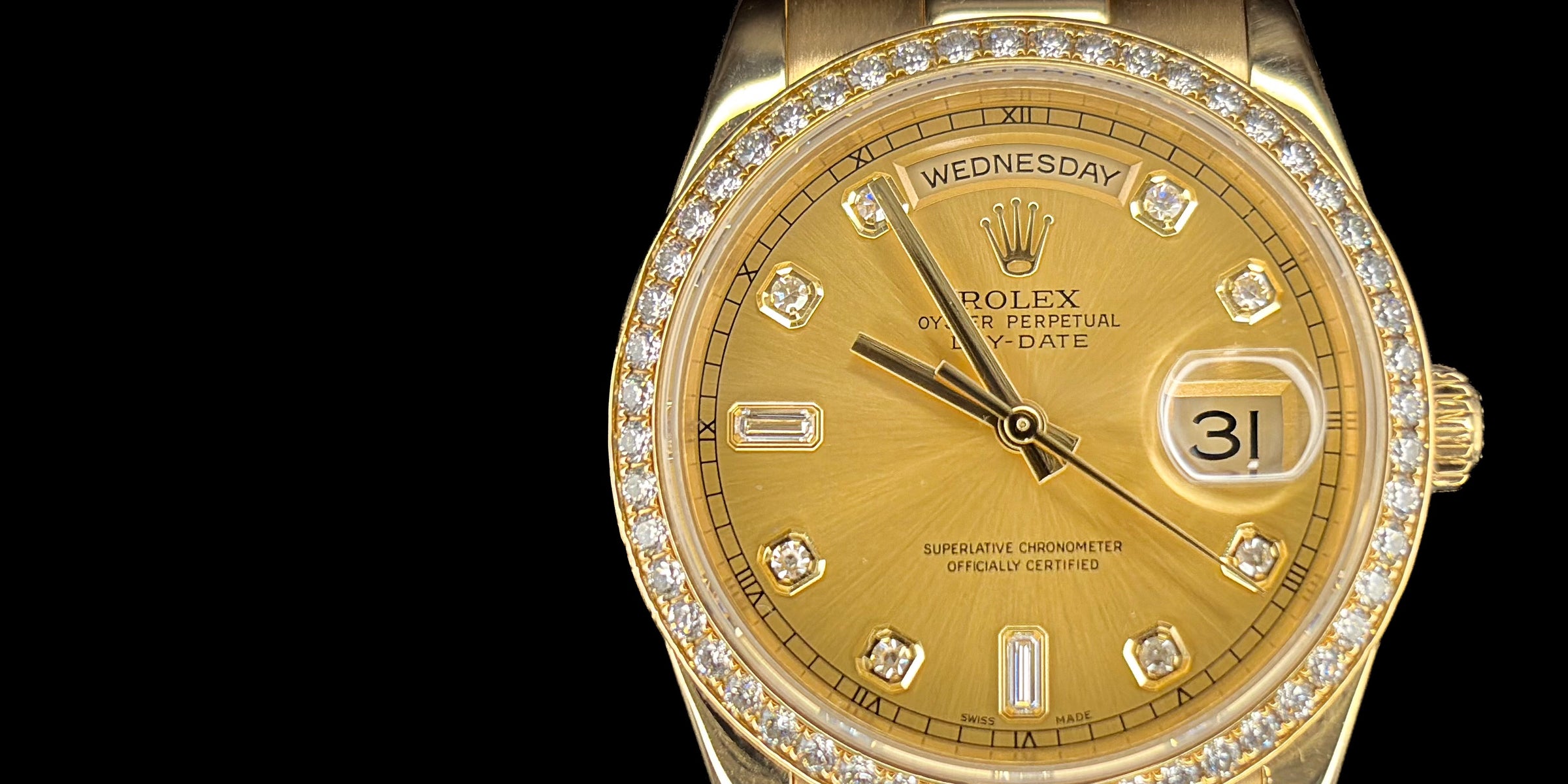 RC Jewelers hero — Rolex Day-Date diamond bezel macro