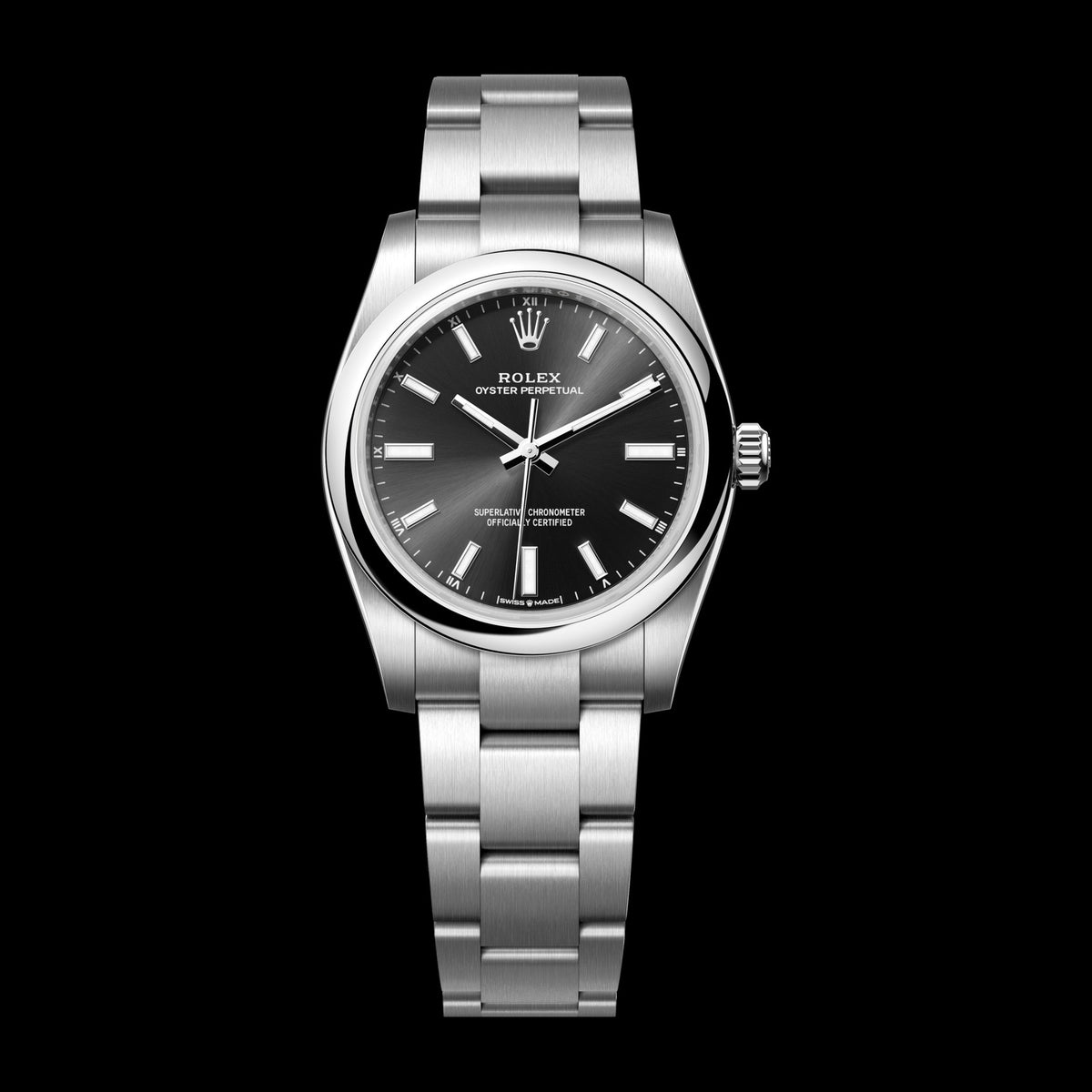 Rolex Oyster Perpetual 34mm 124200-0002: Oystersteel, Bright Black Dial, Oyster Bracelet