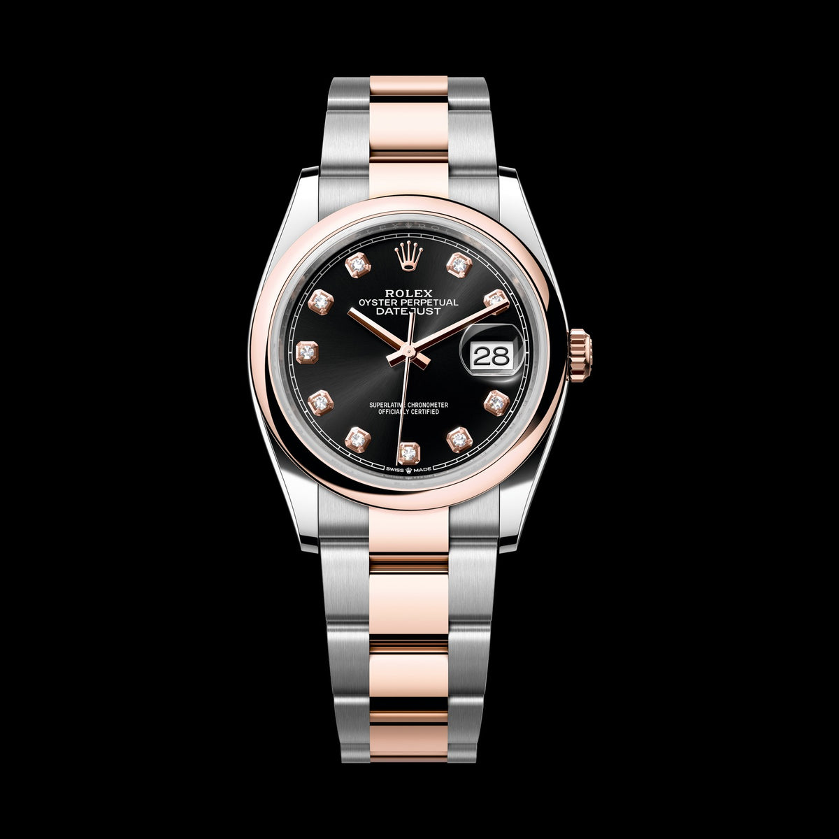 Rolex Datejust 36mm 126201-0020: Oystersteel & 18k Everose Gold, Bright Black, Set with Diamonds Dial, Oyster Bracelet