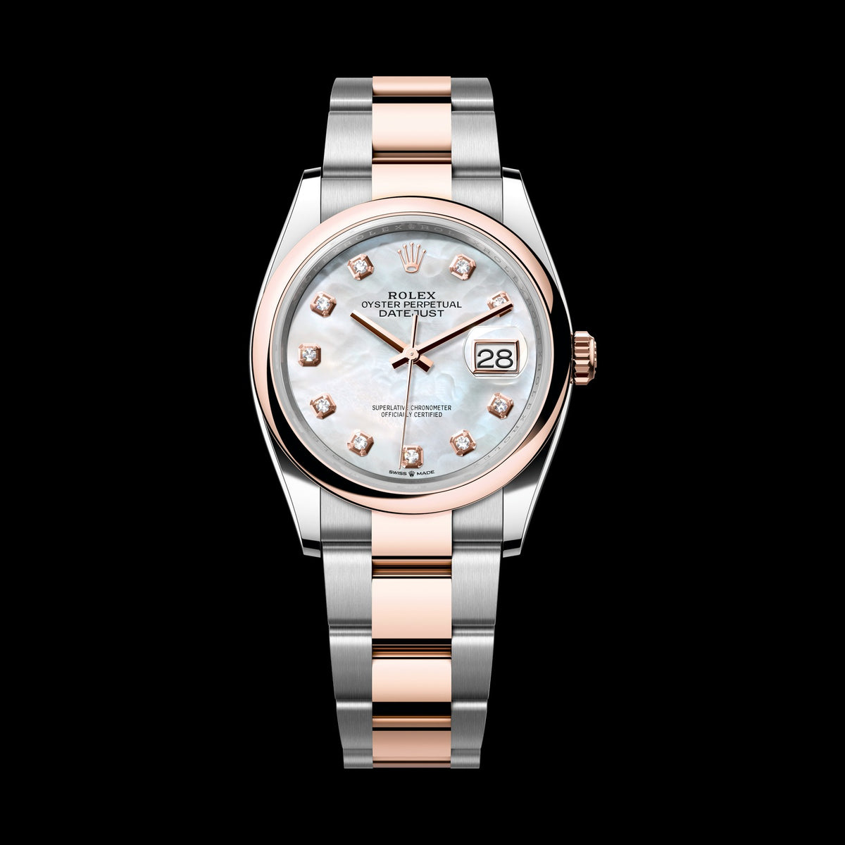 Rolex Datejust 36mm 126201-0022: Oystersteel & 18k Everose Gold, White Mother-of-Pearl, Set with Diamonds Dial, Oyster Bracelet