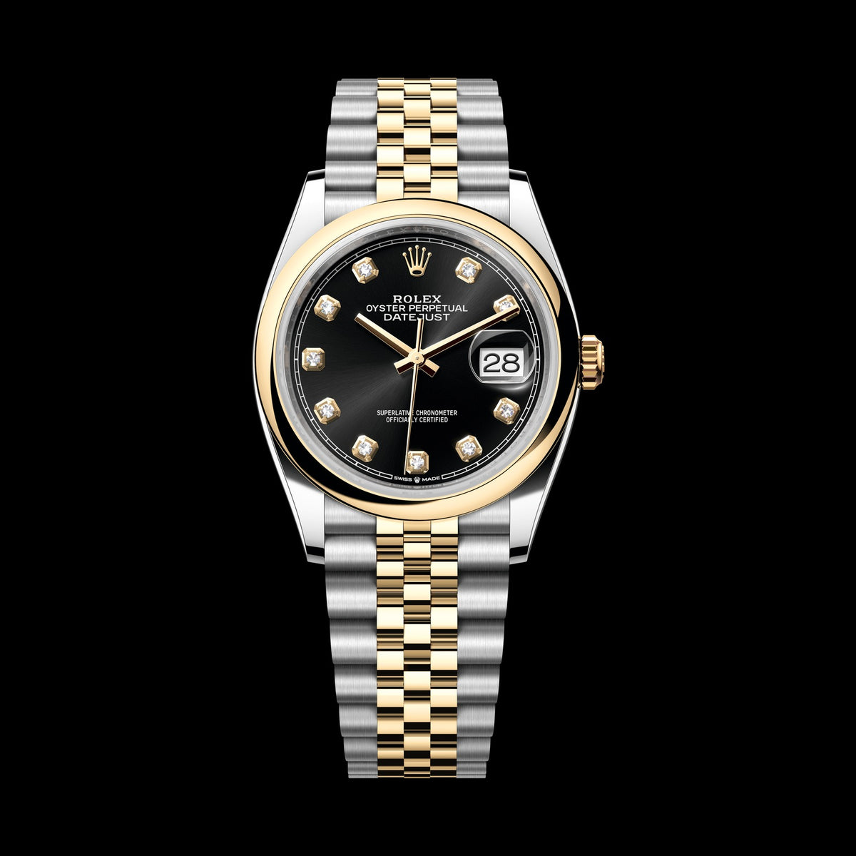 Rolex Datejust 36mm 126203-0021: Oystersteel & 18k Yellow Gold, Bright Black, Set with Diamonds Dial, Jubilee Bracelet