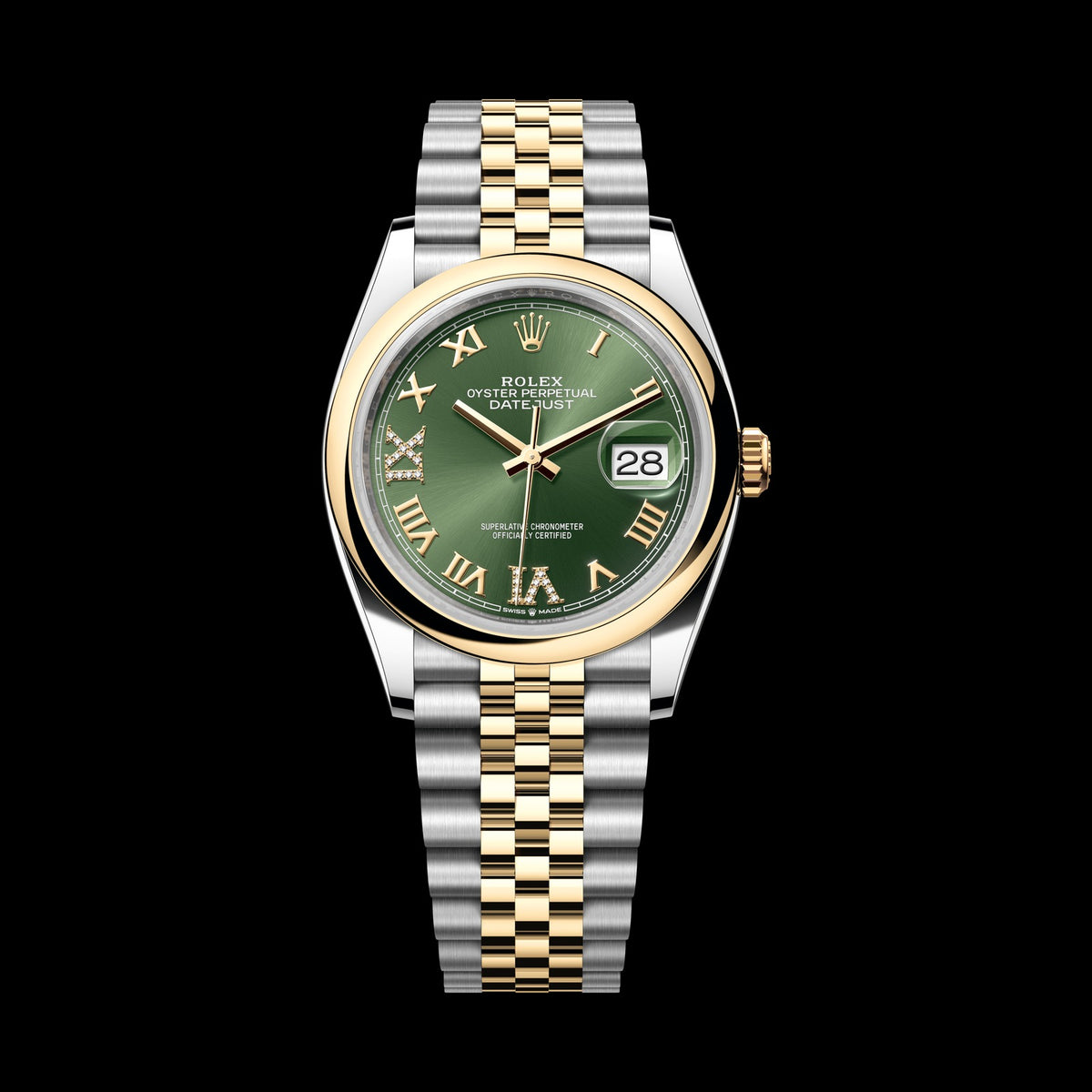 Rolex Datejust 36mm 126203-0025: Oystersteel & 18k Yellow Gold, Olive Green, Set with Diamonds Dial, Jubilee Bracelet