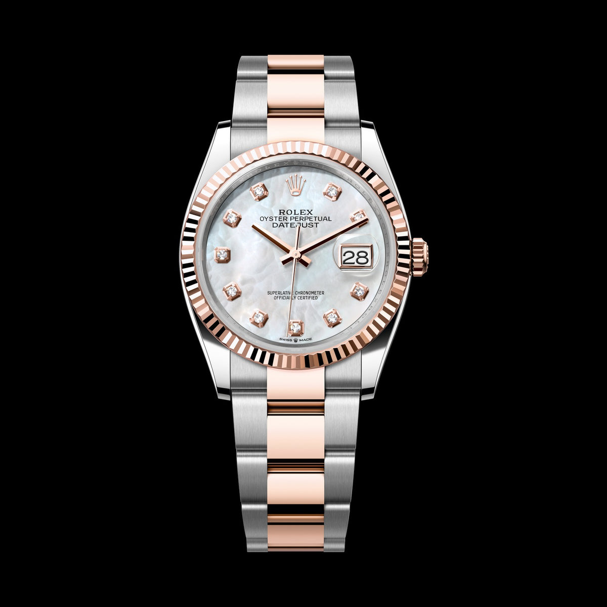 Rolex Datejust 36mm 126231-0022: Oystersteel & 18k Everose Gold, White Mother-of-Pearl, Set with Diamonds Dial, Oyster Bracelet