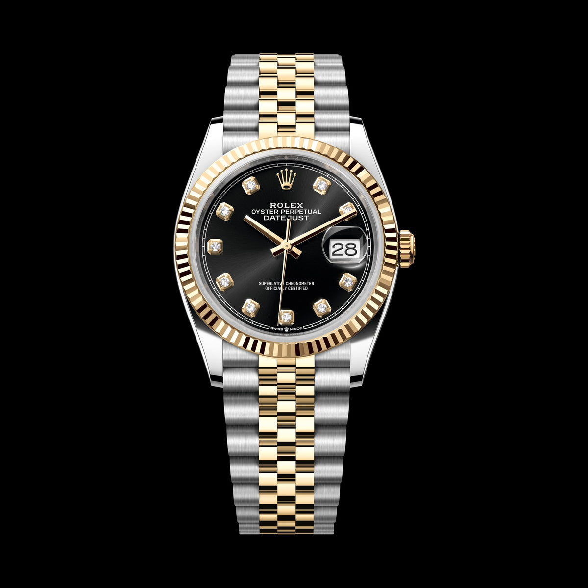 Rolex Datejust 36mm 126233-0021: Oystersteel & 18k Yellow Gold, Bright Black, Set with Diamonds Dial, Jubilee Bracelet