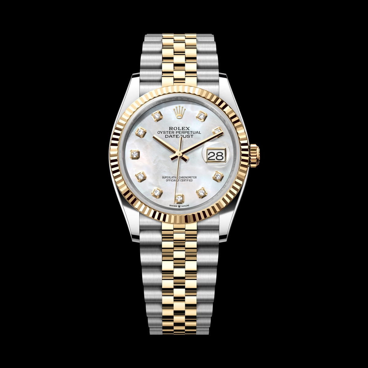 Rolex Datejust 36mm 126233-0023: Oystersteel & 18k Yellow Gold, White Mother-of-Pearl, Set with Diamonds Dial, Jubilee Bracelet