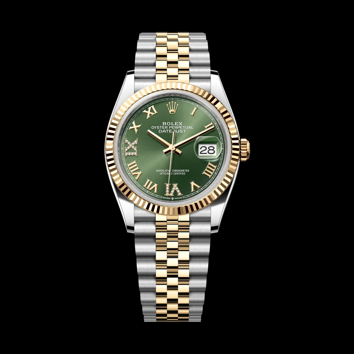 Rolex Datejust 36mm 126233-0025: Oystersteel & 18k Yellow Gold, Olive Green, Set with Diamonds Dial, Jubilee Bracelet
