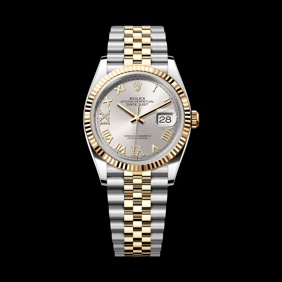 Rolex Datejust 36mm 126233-0031: Oystersteel & 18k Yellow Gold, Silver, Set with Diamonds Dial, Jubilee Bracelet