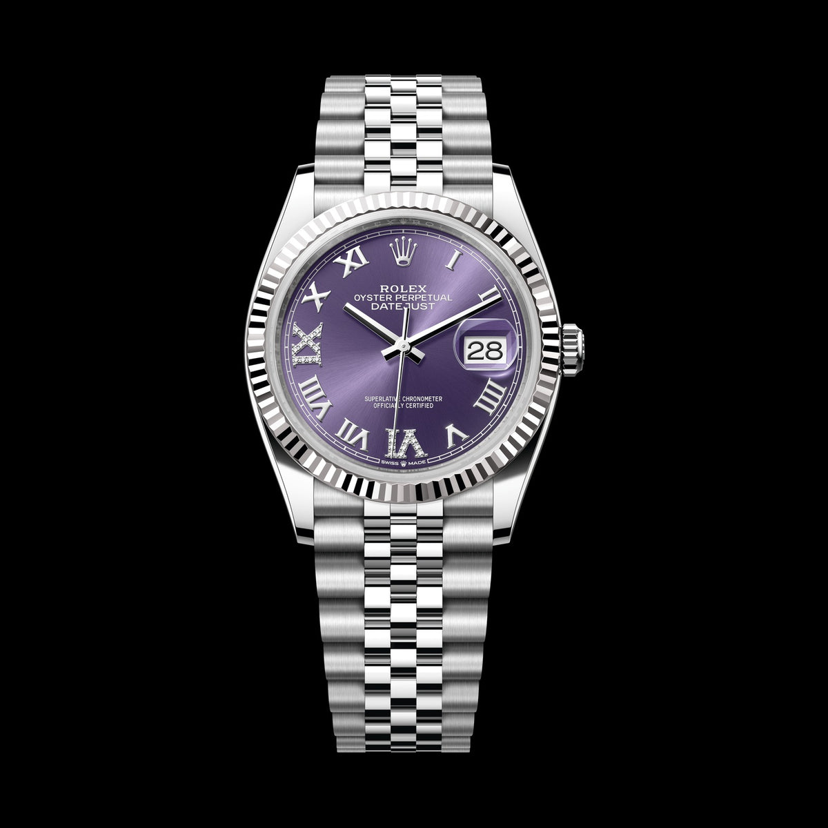 Rolex Datejust 36mm 126234-0021: Oystersteel & 18k White Gold, Aubergine, Set with Diamonds Dial, Jubilee Bracelet