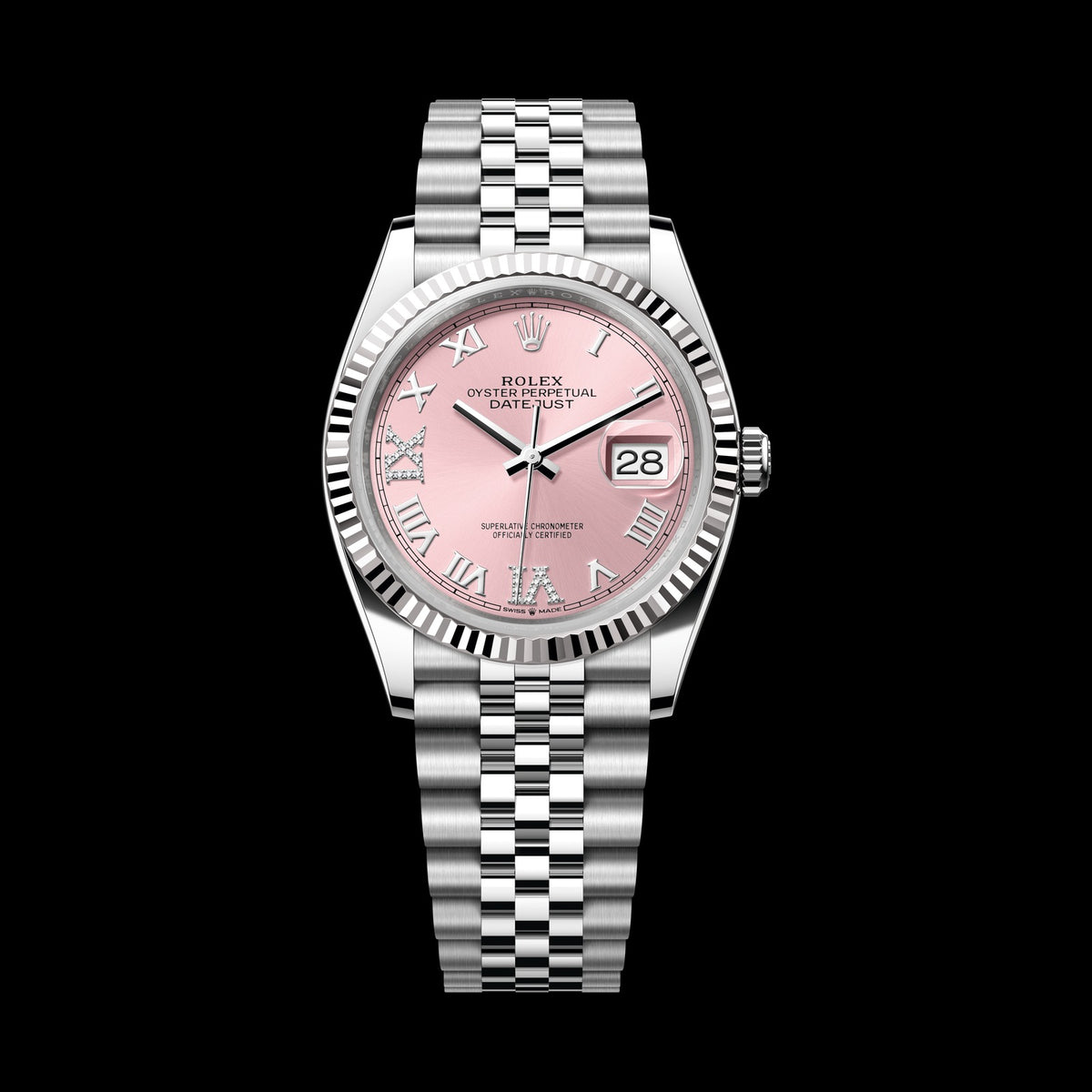 Rolex Datejust 36mm 126234-0031: Oystersteel & 18k White Gold, Pink, Set with Diamonds Dial, Jubilee Bracelet