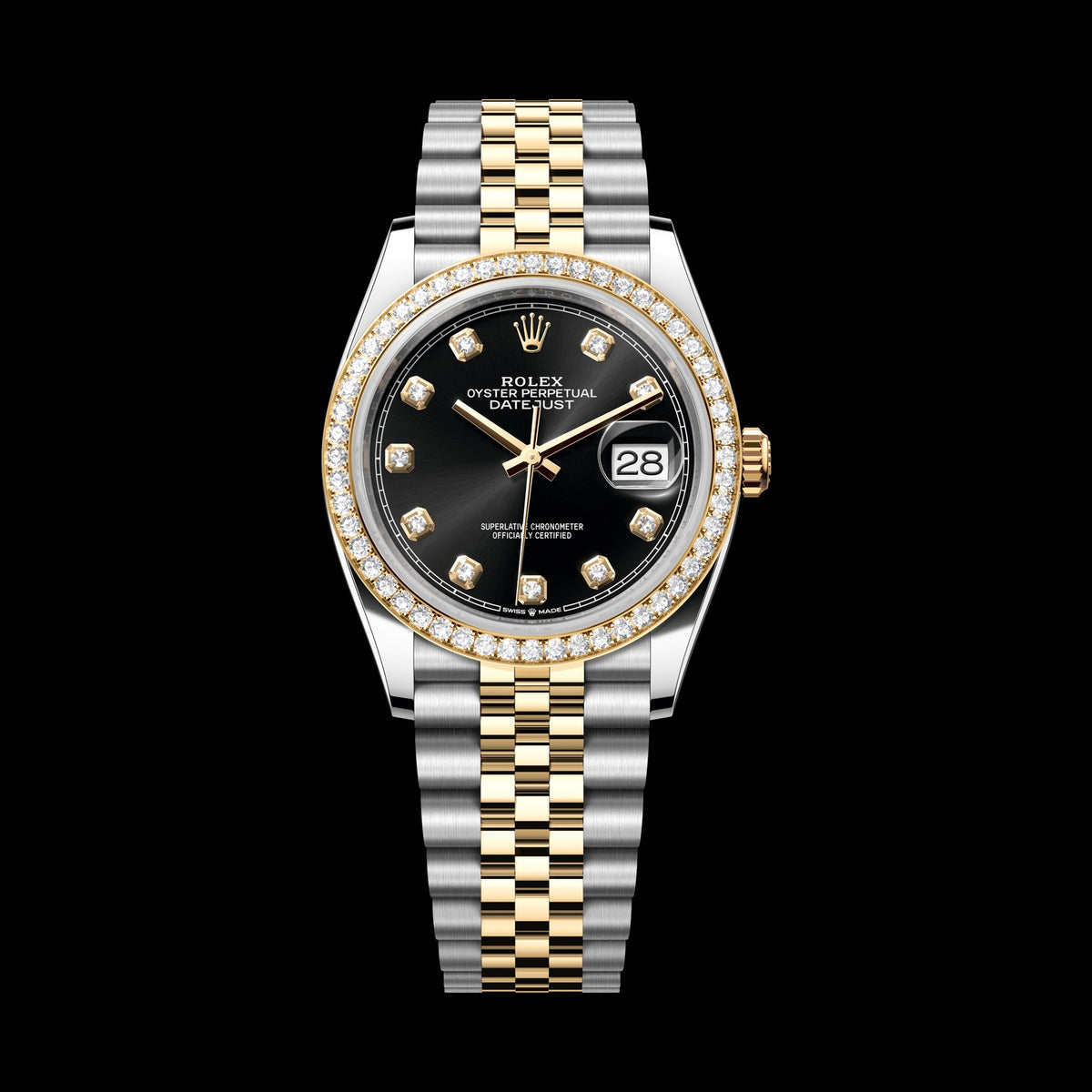 Rolex Datejust 36mm 126283RBR-0007: Oystersteel & 18k Yellow Gold, Bright Black, Set with Diamonds Dial, Jubilee Bracelet