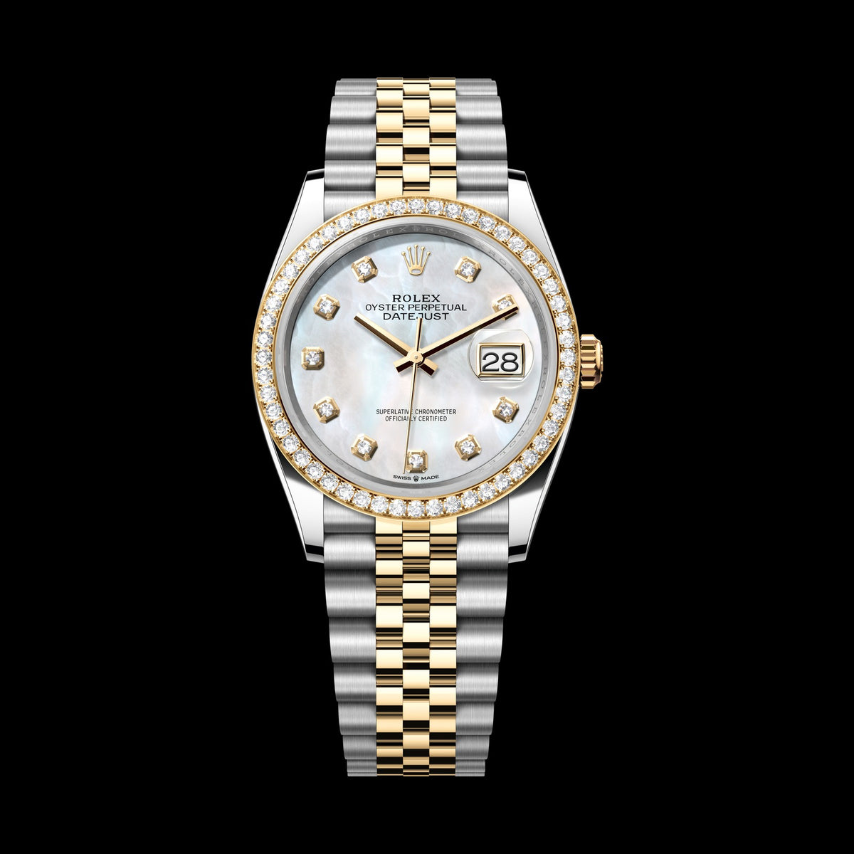 Rolex Datejust 36mm 126283RBR-0009: Oystersteel & 18k Yellow Gold, White Mother-of-Pearl, Set with Diamonds Dial, Jubilee Bracelet