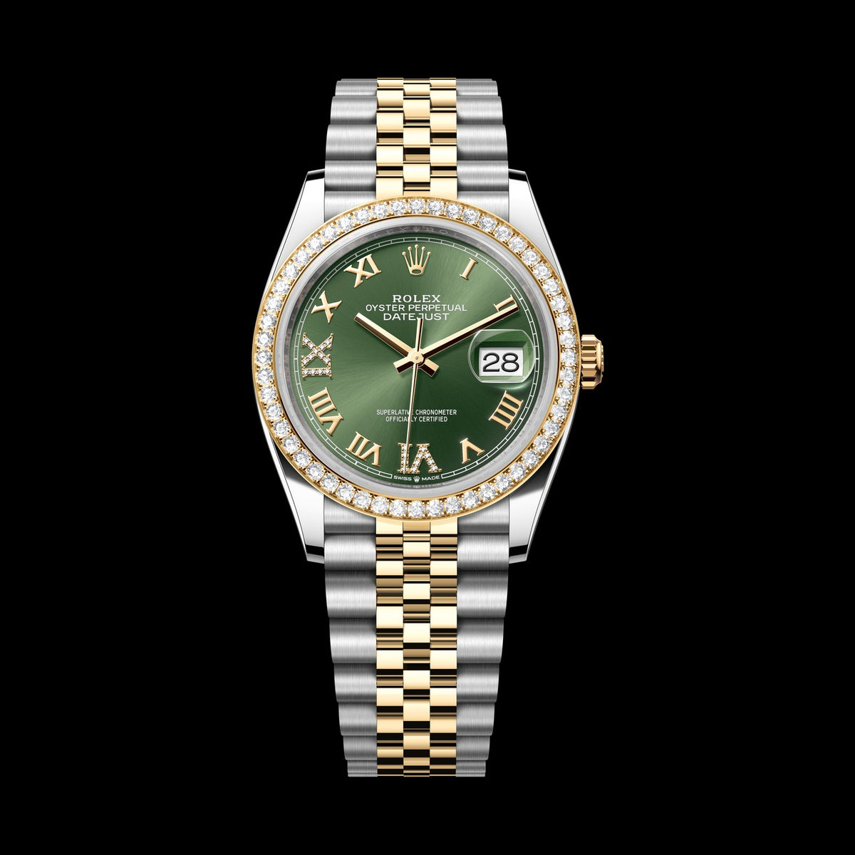 Rolex Datejust 36mm 126283RBR-0011: Oystersteel & 18k Yellow Gold, Olive Green, Set with Diamonds Dial, Jubilee Bracelet