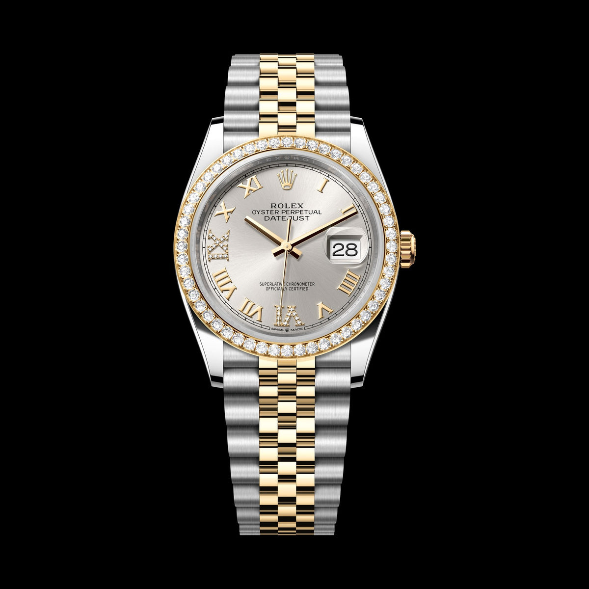 Rolex Datejust 36mm 126283RBR-0017: Oystersteel & 18k Yellow Gold, Silver, Set with Diamonds Dial, Jubilee Bracelet