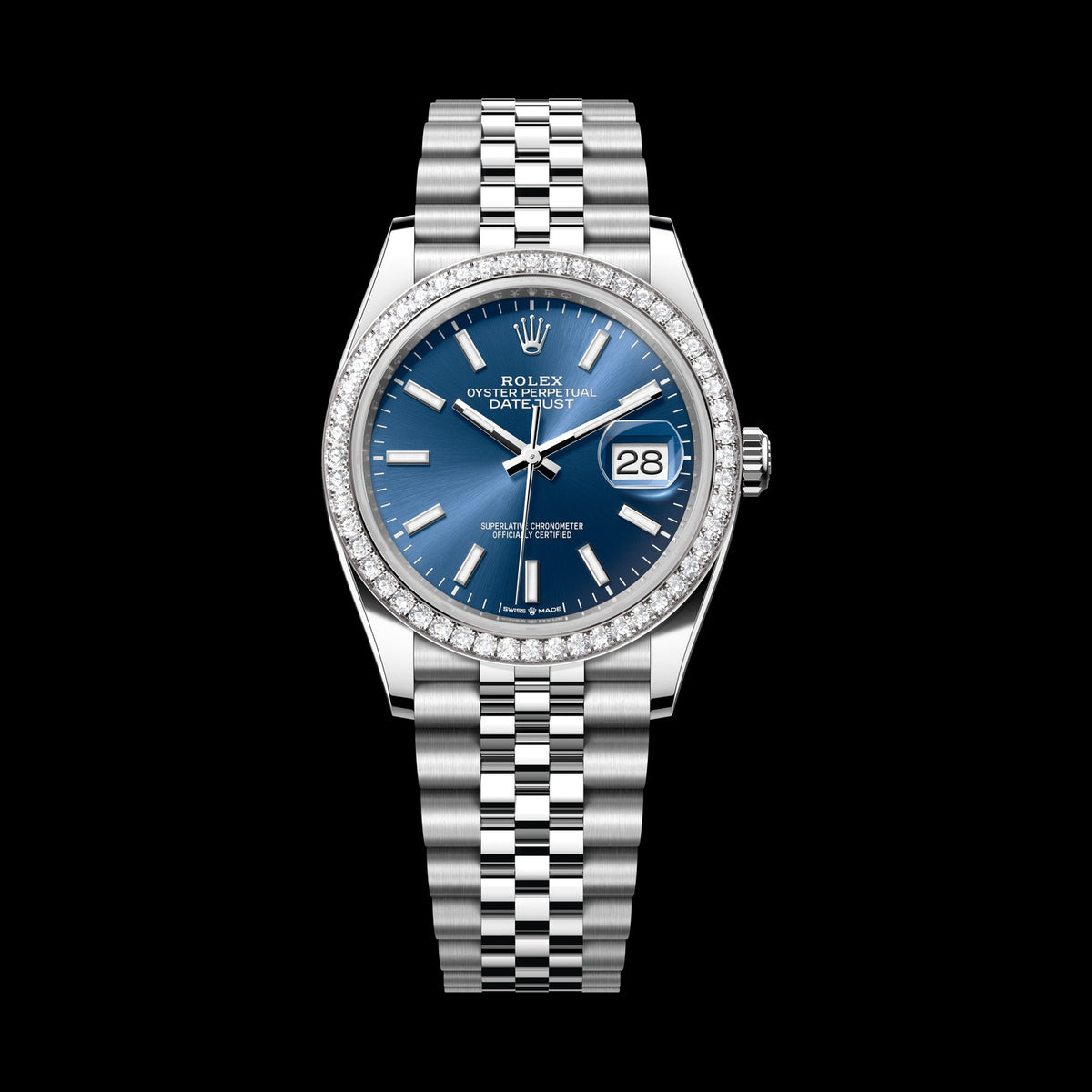 Rolex Datejust 36mm 126284RBR-0009: Oystersteel & 18k White Gold, Bright Blue, Set with Diamonds Dial, Jubilee Bracelet