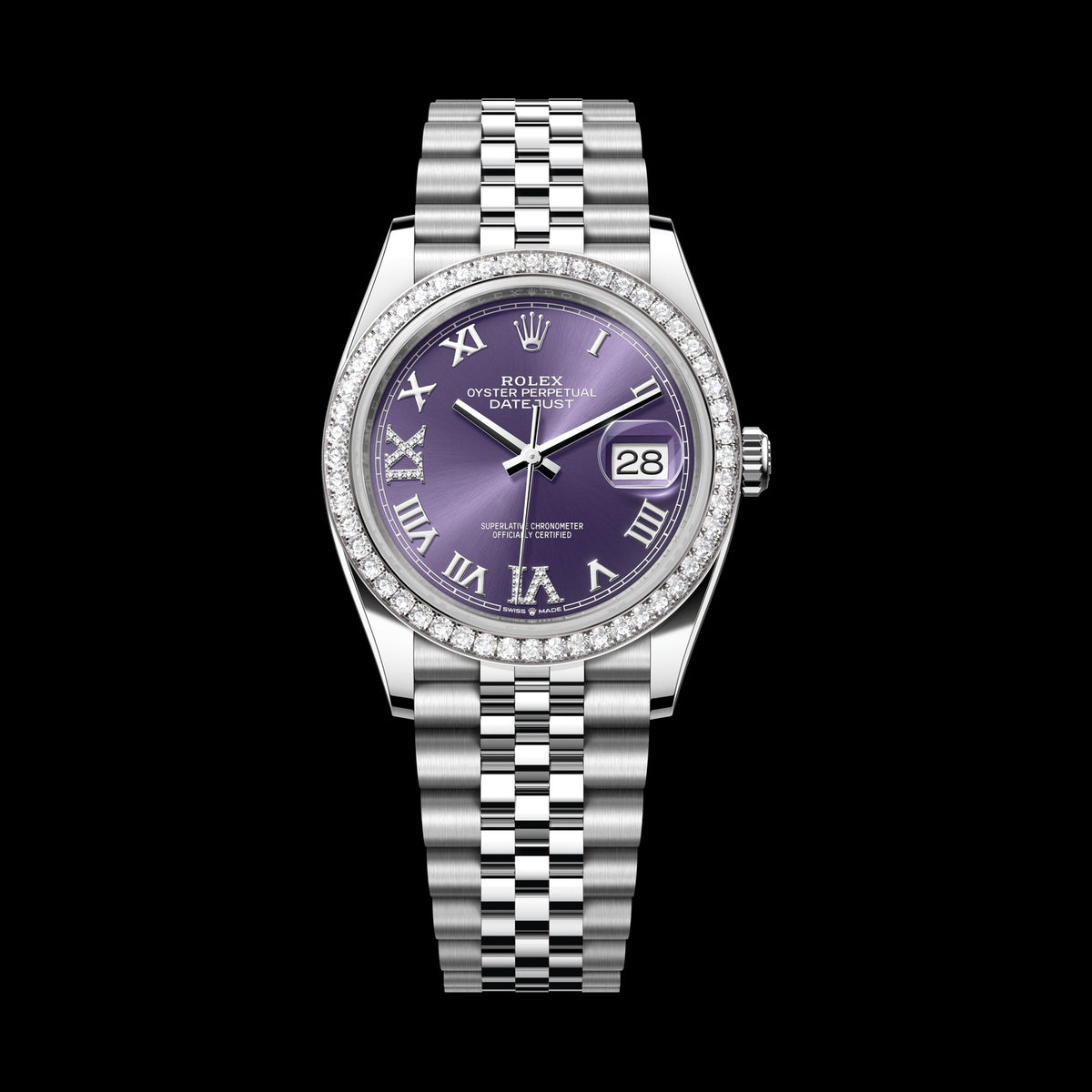 Rolex Datejust 36mm 126284RBR-0013: Oystersteel & White Gold, Aubergine, Set with Diamonds Dial, Jubilee Bracelet