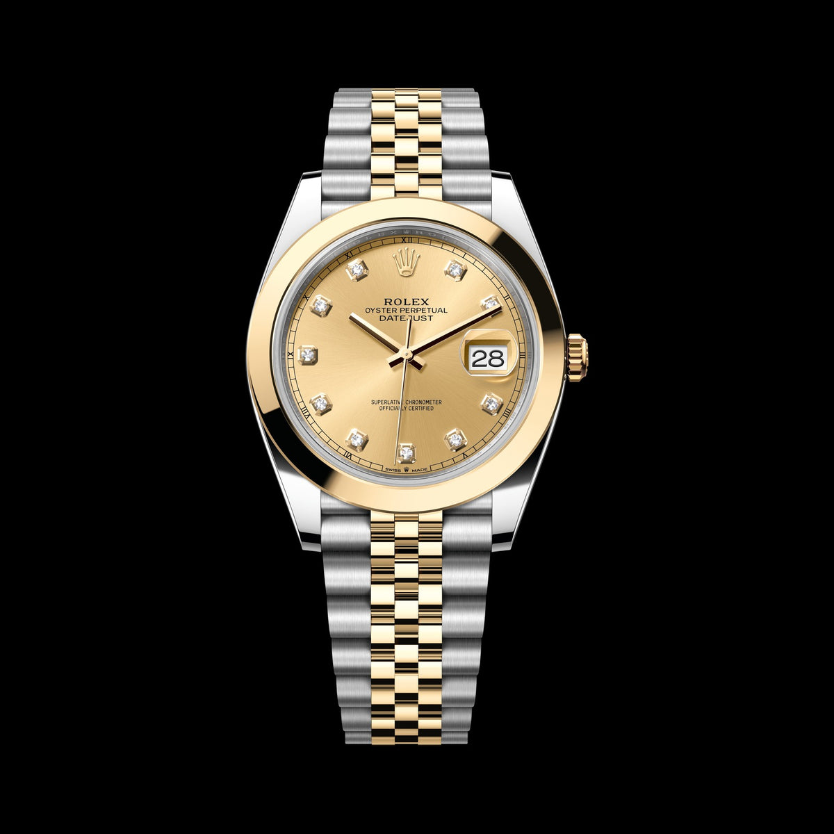 Rolex Datejust 41mm 126303-0012: Oystersteel & 18k Yellow Gold, Champagne, Set with Diamonds Dial, Jubilee Bracelet
