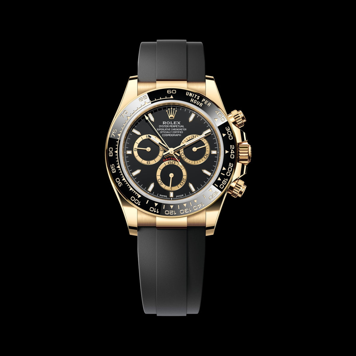Rolex Daytona 40mm 126518LN-0008: 18k Yellow Gold, Black, Golden Counters Dial, Oysterflex Bracelet