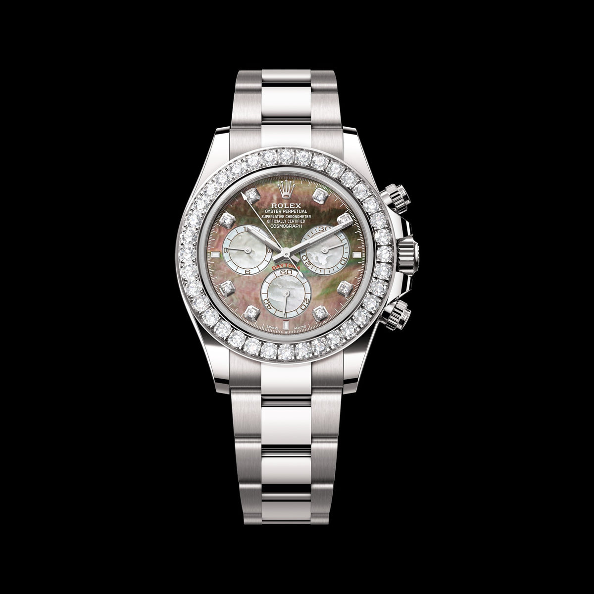 Rolex Daytona 40mm 126579RBR-0001: 18k White Gold, Black & White Mother-of-Pearl, Diamond-Set Dial, Oyster Bracelet