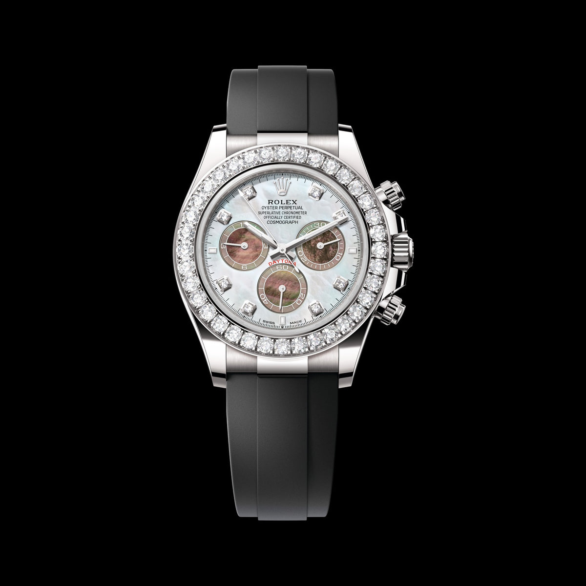 Rolex Daytona 40mm 126589RBR-0001: 18k White Gold, White & Black Mother-of-Pearl, Diamond-Set Dial, Oysterflex Bracelet