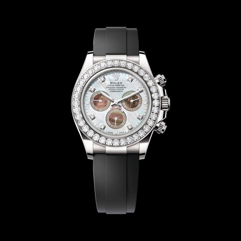 Rolex Daytona 40mm 126589RBR-0001: 18k White Gold, White & Black Mother-of-Pearl, Diamond-Set Dial, Oysterflex Bracelet