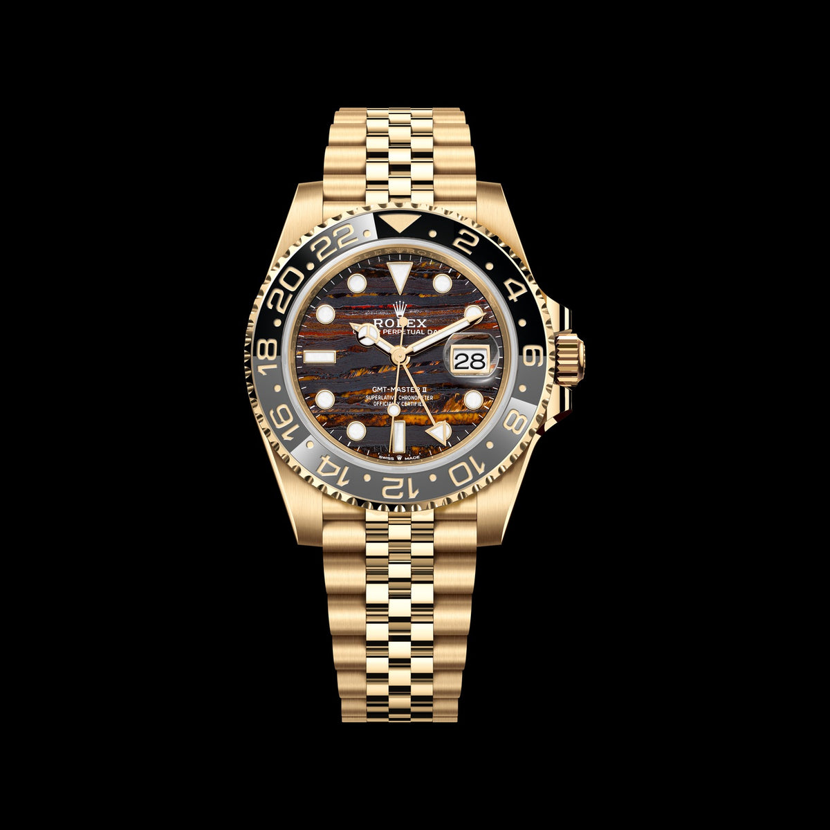 Rolex GMT-Master II 40mm 126718GRNR-0002: 18k Yellow Gold, Tiger Iron Dial, Jubilee Bracelet