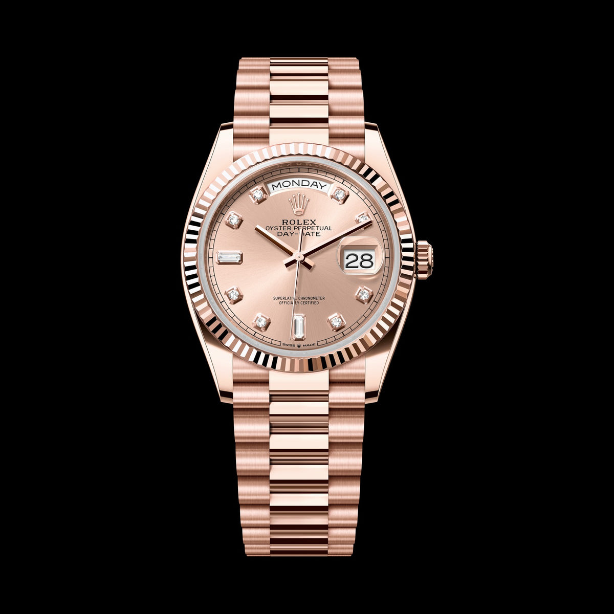Rolex Day-Date 36mm 128235-0009: 18k Everose Gold, Rosé, Set with Diamonds Dial, President Bracelet