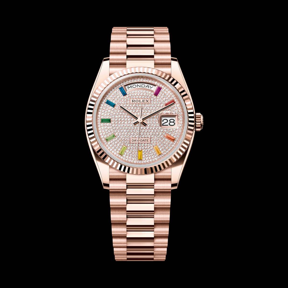 Rolex Day-Date 36mm 128235-0039: 18k Everose Gold, Diamond-Paved Dial, President Bracelet