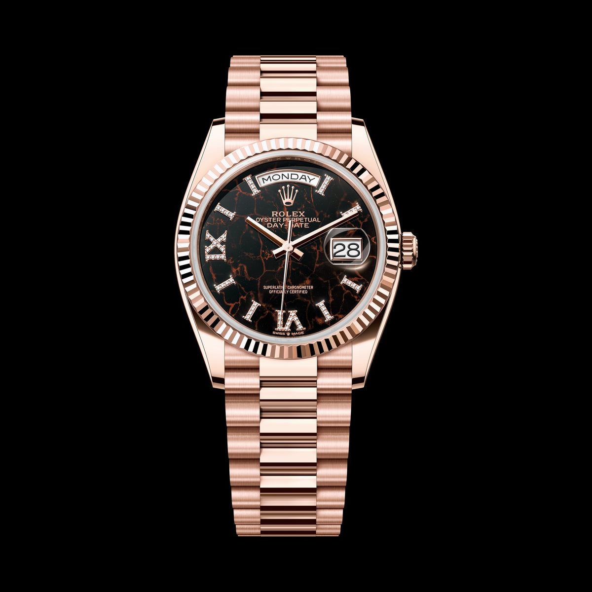 Rolex Day-Date 36mm 128235-0041: 18k Everose Gold, Eisenkiesel, Set with Diamonds Dial, President Bracelet