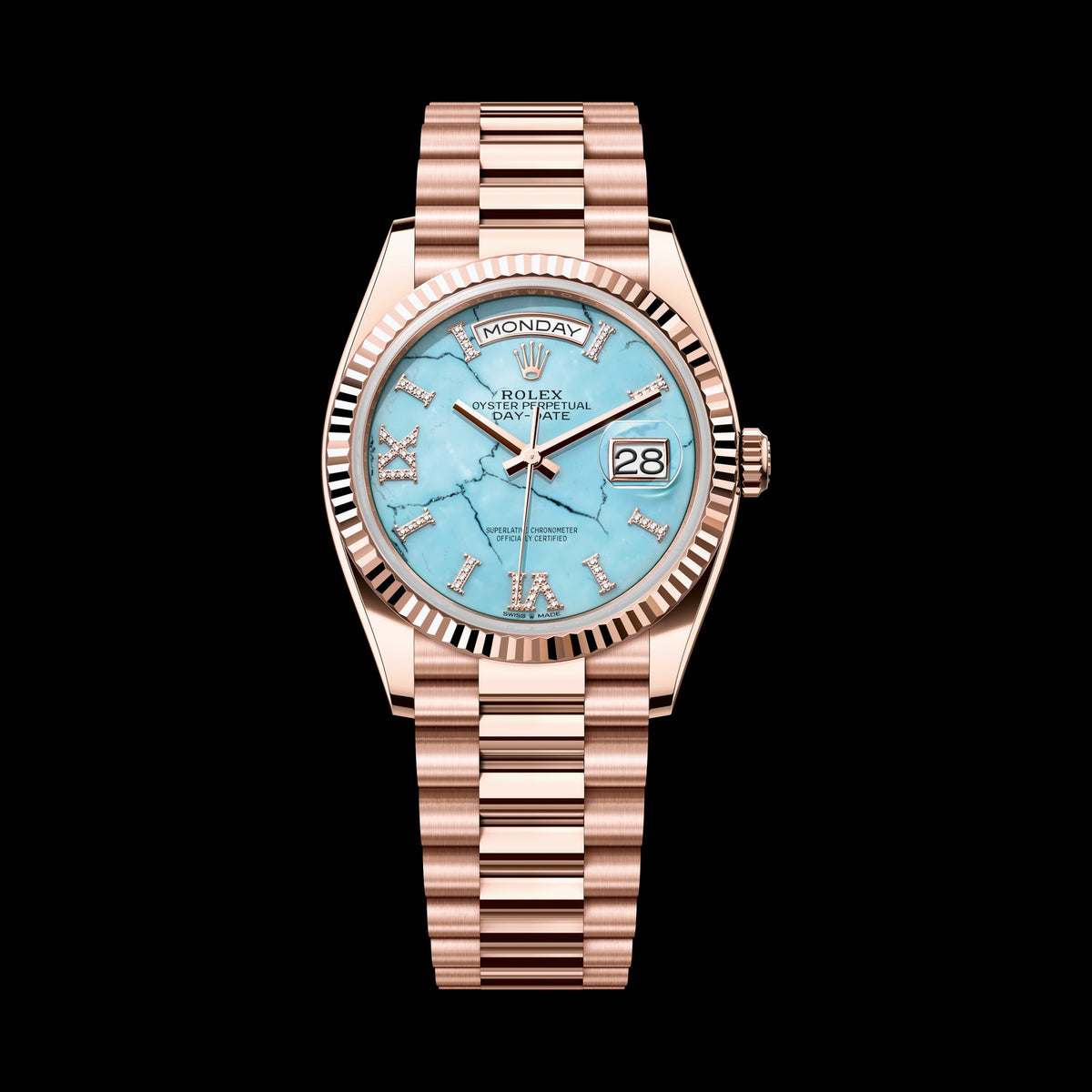 Rolex Day-Date 36mm 128235-0064: 18k Everose Gold, Turquoise, Set with Diamonds Dial, President Bracelet