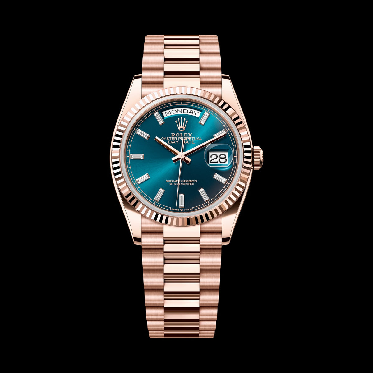 Rolex Day-Date 36mm 128235-0085: 18k Everose Gold, Blue-Green, Set with Diamonds Dial, President Bracelet