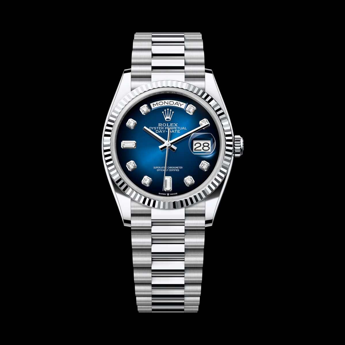 Rolex Day-Date 36mm 128236-0005: Platinum, Blue Ombré, Set with Diamonds Dial, President Bracelet