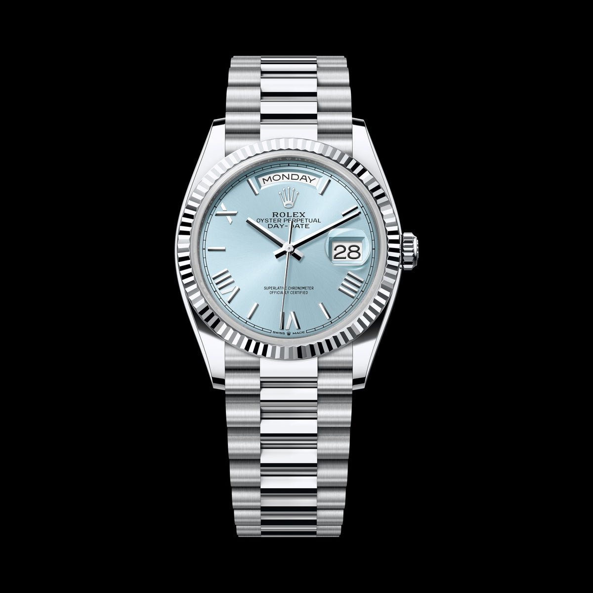 Rolex Day-Date 36mm 128236-0018: Platinum, Ice-Blue Dial, President Bracelet