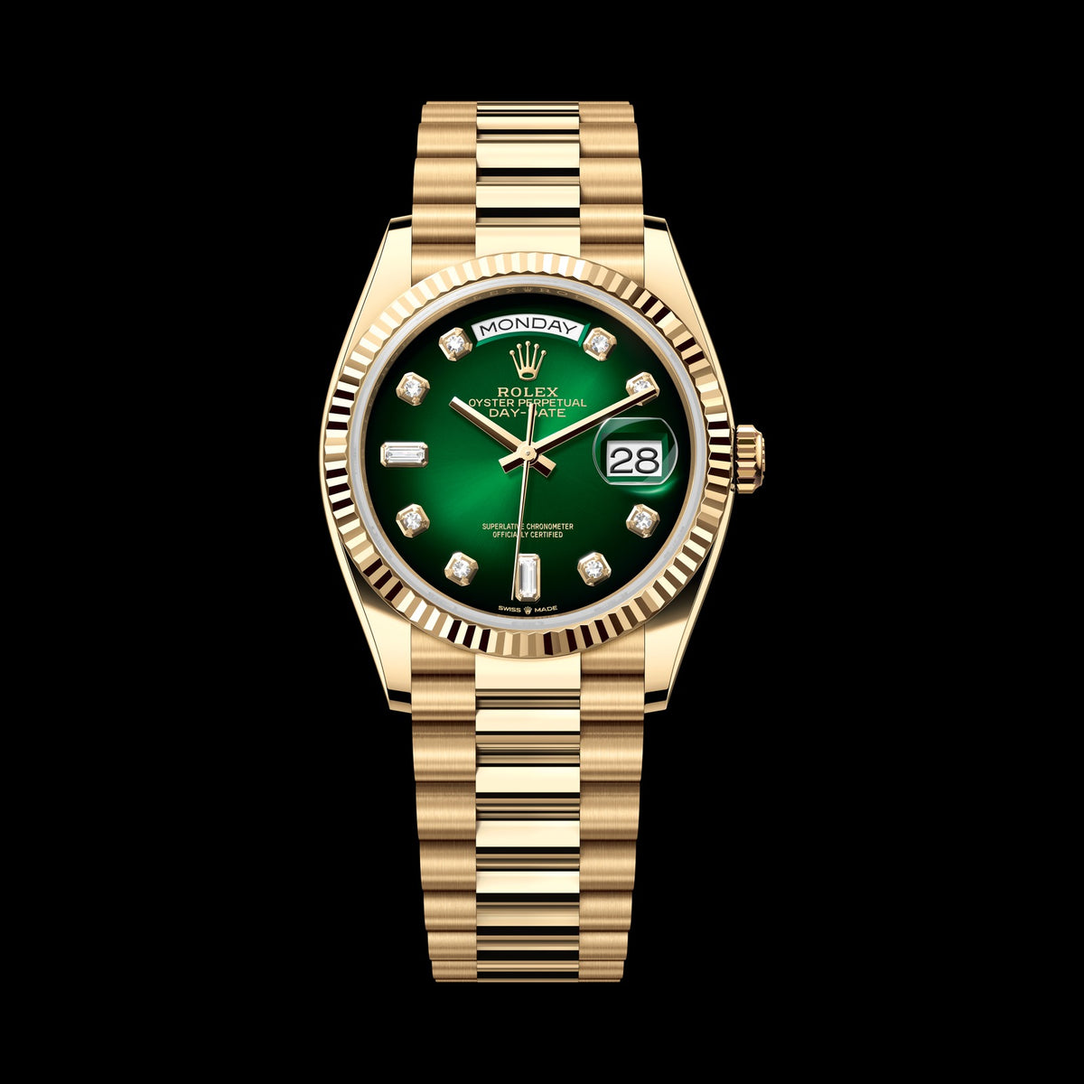 Rolex Day-Date 36mm 128238-0069: 18k Yellow Gold, Green, Set with Diamonds Dial, President Bracelet