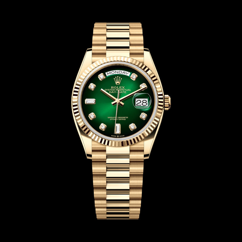 Rolex Day-Date 36mm 128238-0069: 18k Yellow Gold, Green, Set with Diamonds Dial, President Bracelet