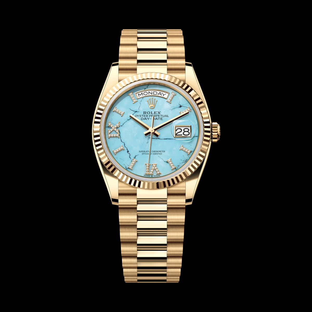Rolex Day-Date 36mm 128238-0071: 18k Yellow Gold, Turquoise, Set with Diamonds Dial, President Bracelet