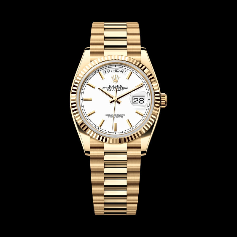 Rolex Day-Date 36mm 128238-0081: 18k Yellow Gold, White Dial, President Bracelet