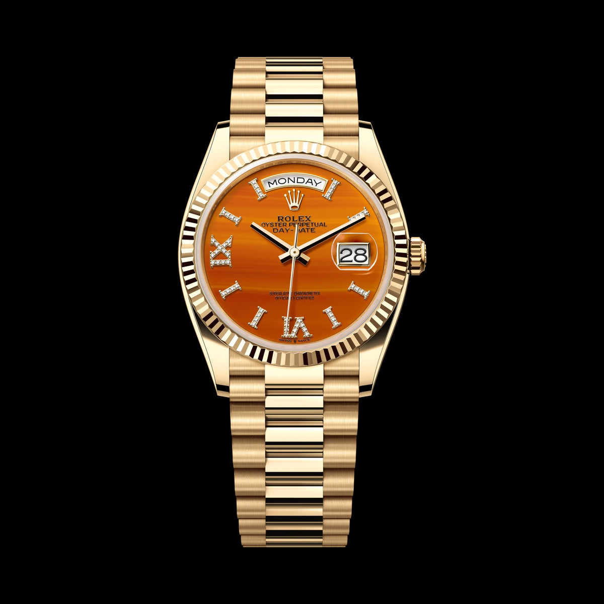 Rolex Day-Date 36mm 128238-0088: 18k Yellow Gold, Carnelian, Set with Diamonds Dial, President Bracelet