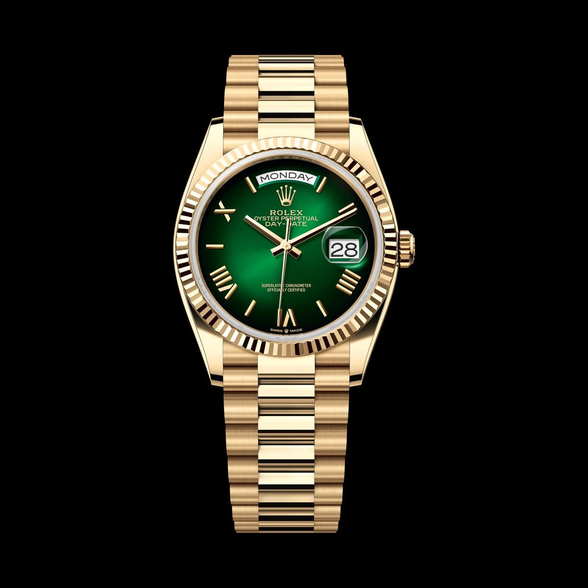 Rolex Day-Date 36mm 128238-0118: 18k Yellow Gold, Green Ombré Dial, President Bracelet