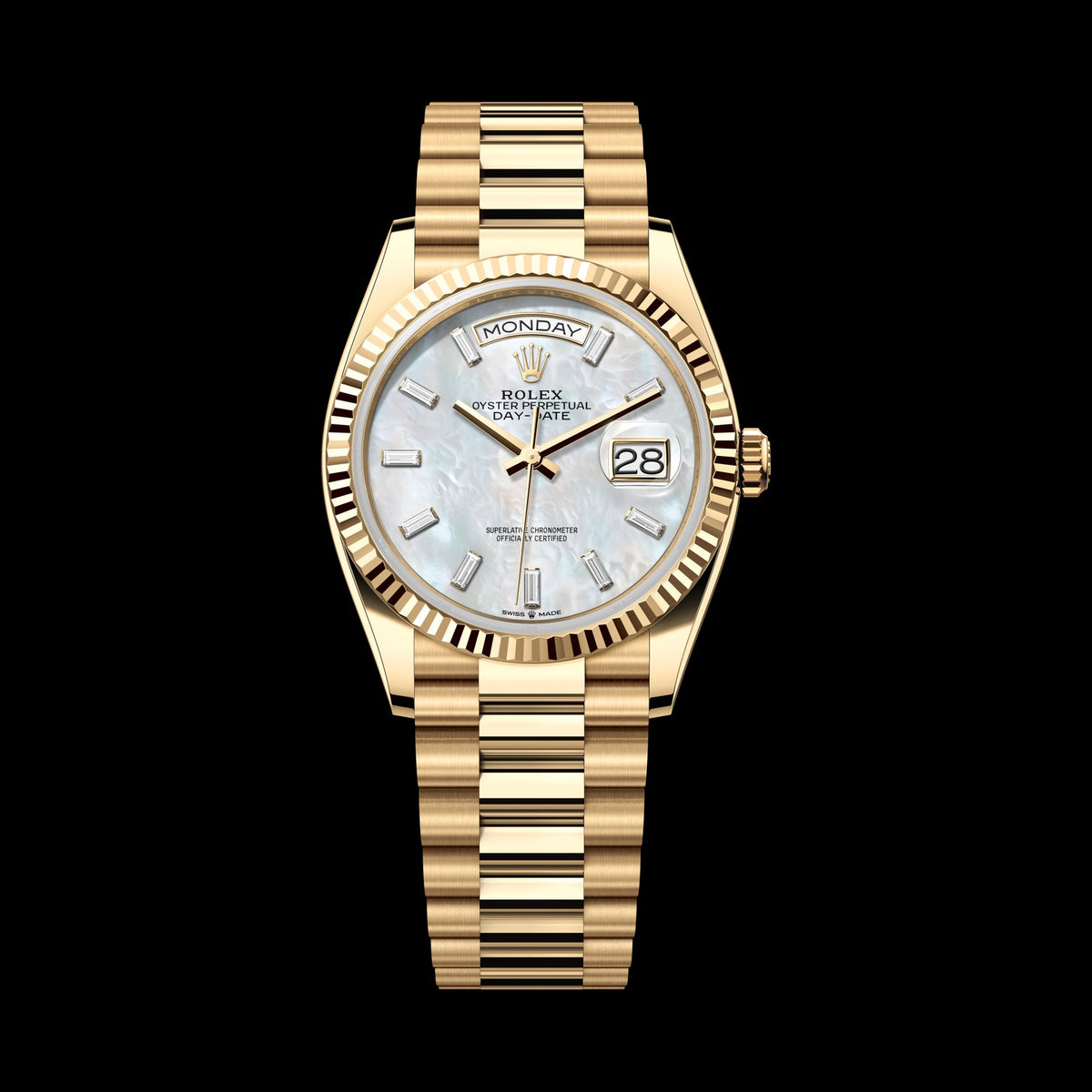 Rolex Day-Date 36mm 128238-0123: 18k Yellow Gold, White Mother-of-Pearl, Set with Diamonds Dial, President Bracelet