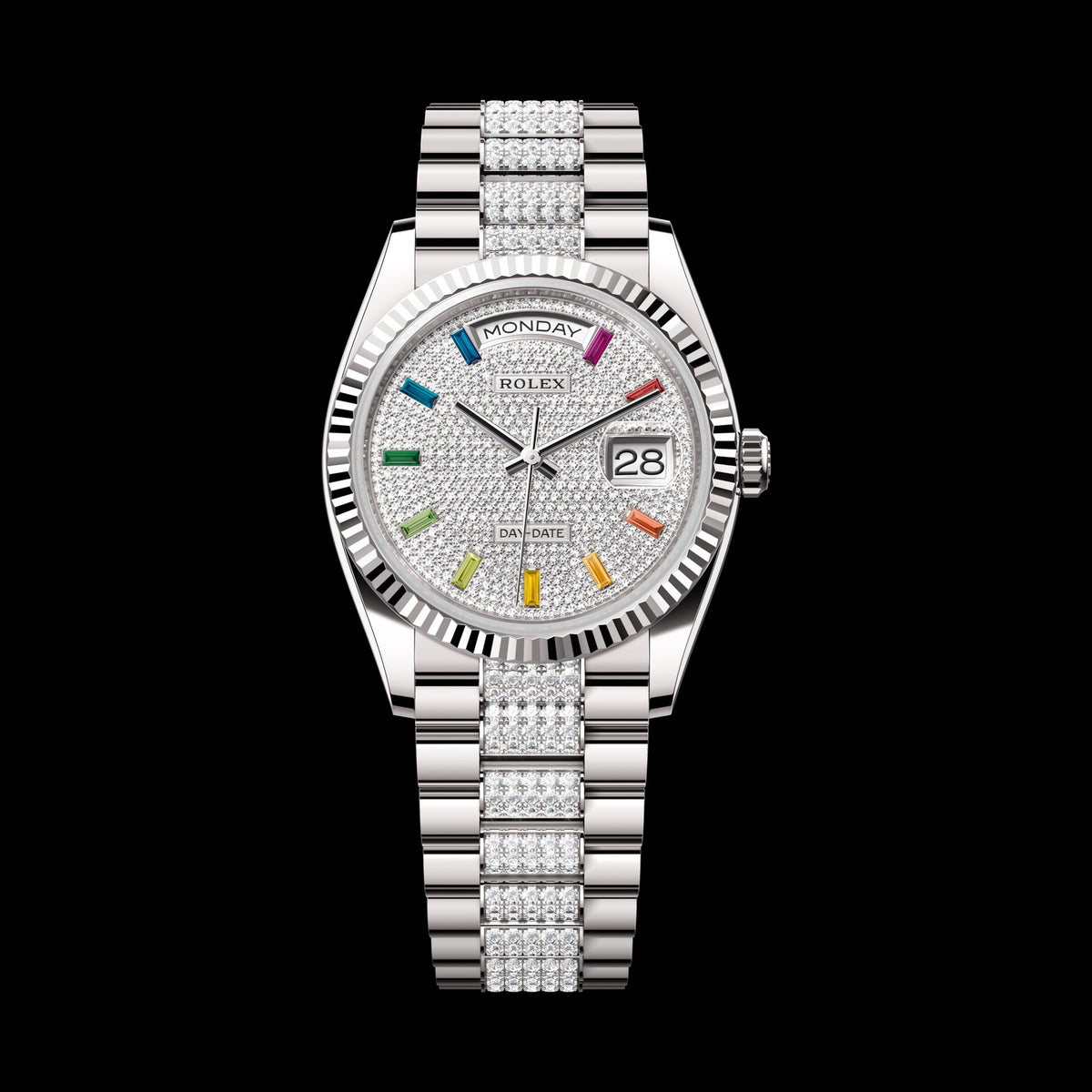 Rolex Day-Date 36mm 128239-0027: 18k White Gold, Diamond-Paved Dial, President Bracelet