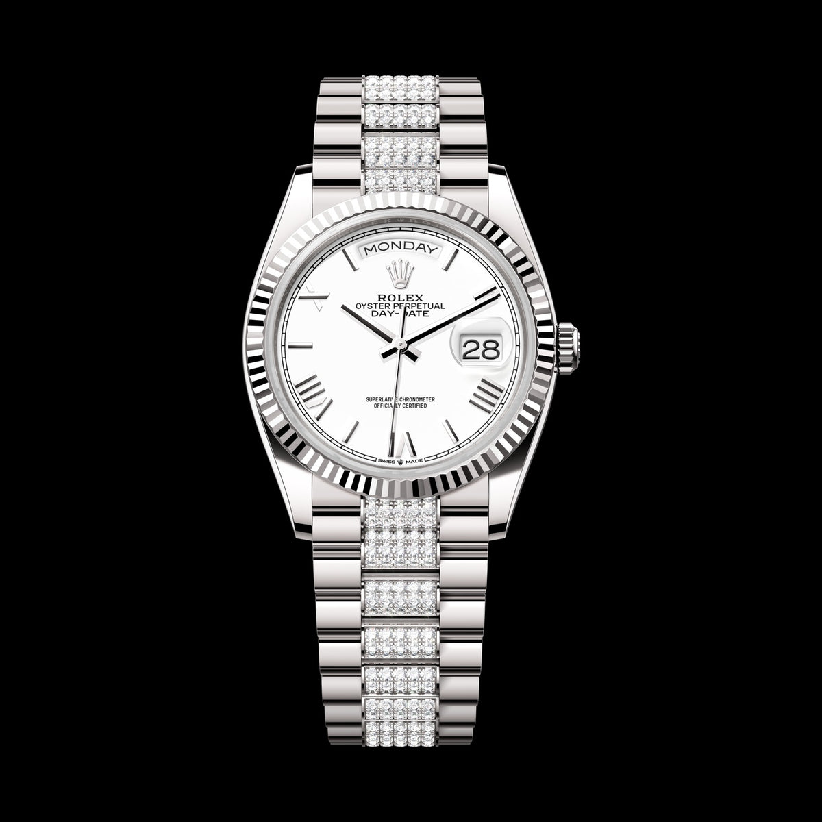 Rolex Day-Date 36mm 128239-0060: 18k White Gold, White Dial, President Bracelet