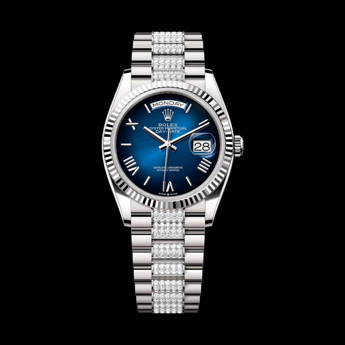 Rolex Day-Date 36mm 128239-0064: 18k White Gold, Blue Ombré Dial, President Bracelet