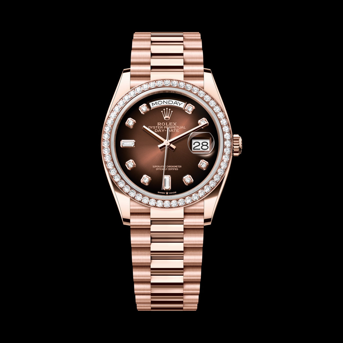 Rolex Day-Date 36mm 128345RBR-0040: 18k Everose Gold, Chocolate Ombré, Set with Diamonds Dial, President Bracelet