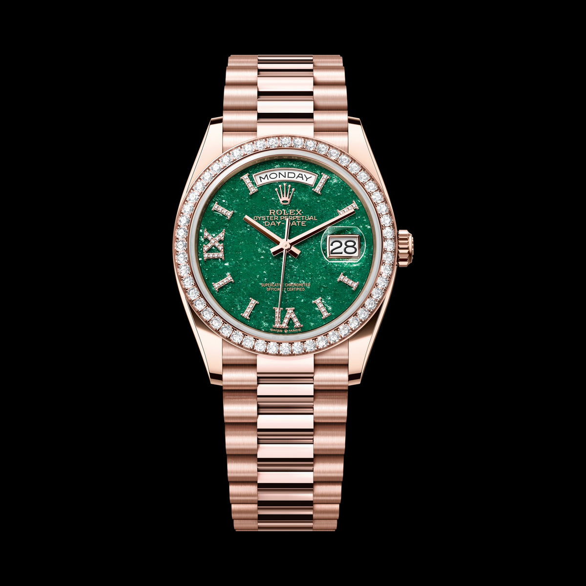 Rolex Day-Date 36mm 128345RBR-0068: 18k Everose Gold, Green Aventurine, Set with Diamonds Dial, President Bracelet