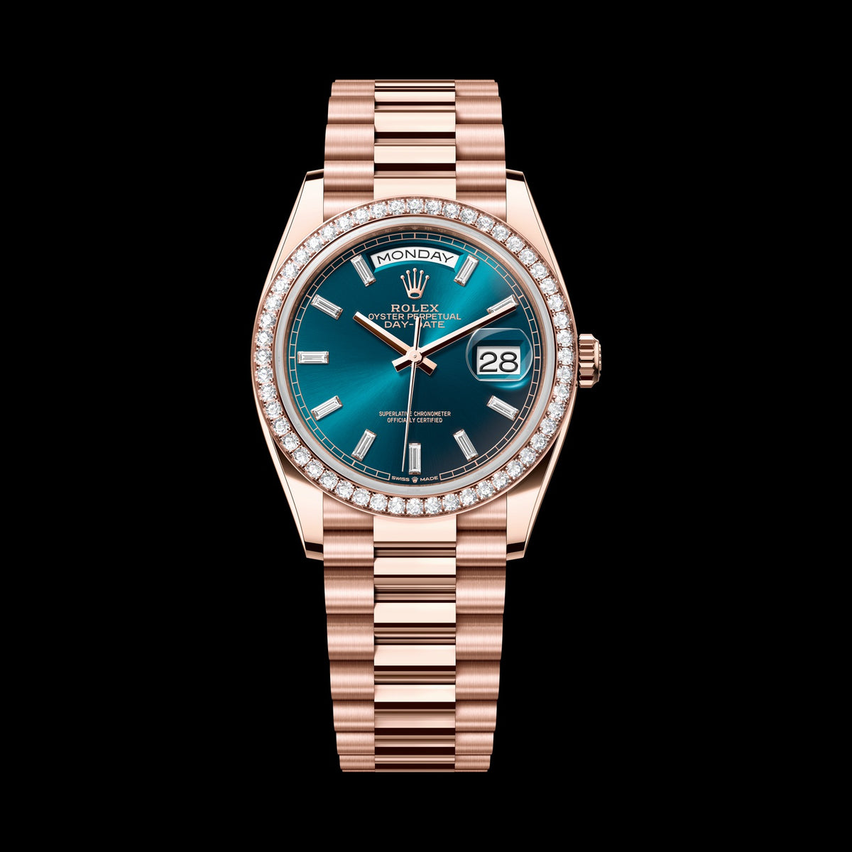 Rolex Day-Date 36mm 128345RBR-0083: 18k Everose Gold, Blue-Green, Set with Diamonds Dial, President Bracelet
